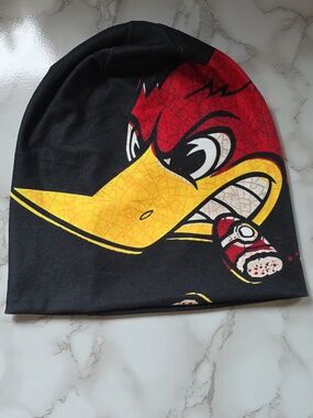 Woody Woodpecker Cigar-Chomping Black Comic Print Skull Cap 2-Sided Beanie NEW
